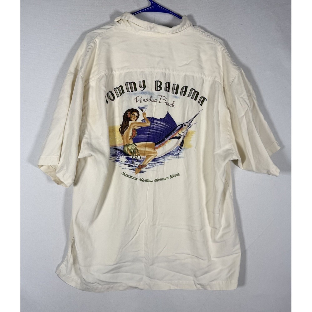Tommy Bahama Silk Shirt Mens Large Cream Paradise Beach Embroidered Camp *Read